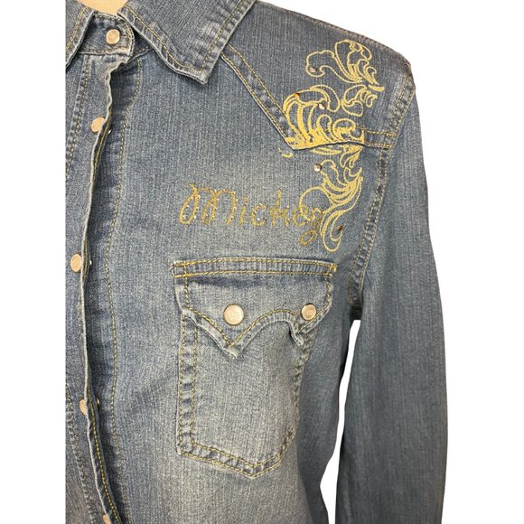 FUN  Bronc Riding Micky Mouse Cowboy Button Down Denim Shirt - Picture 3 of 5